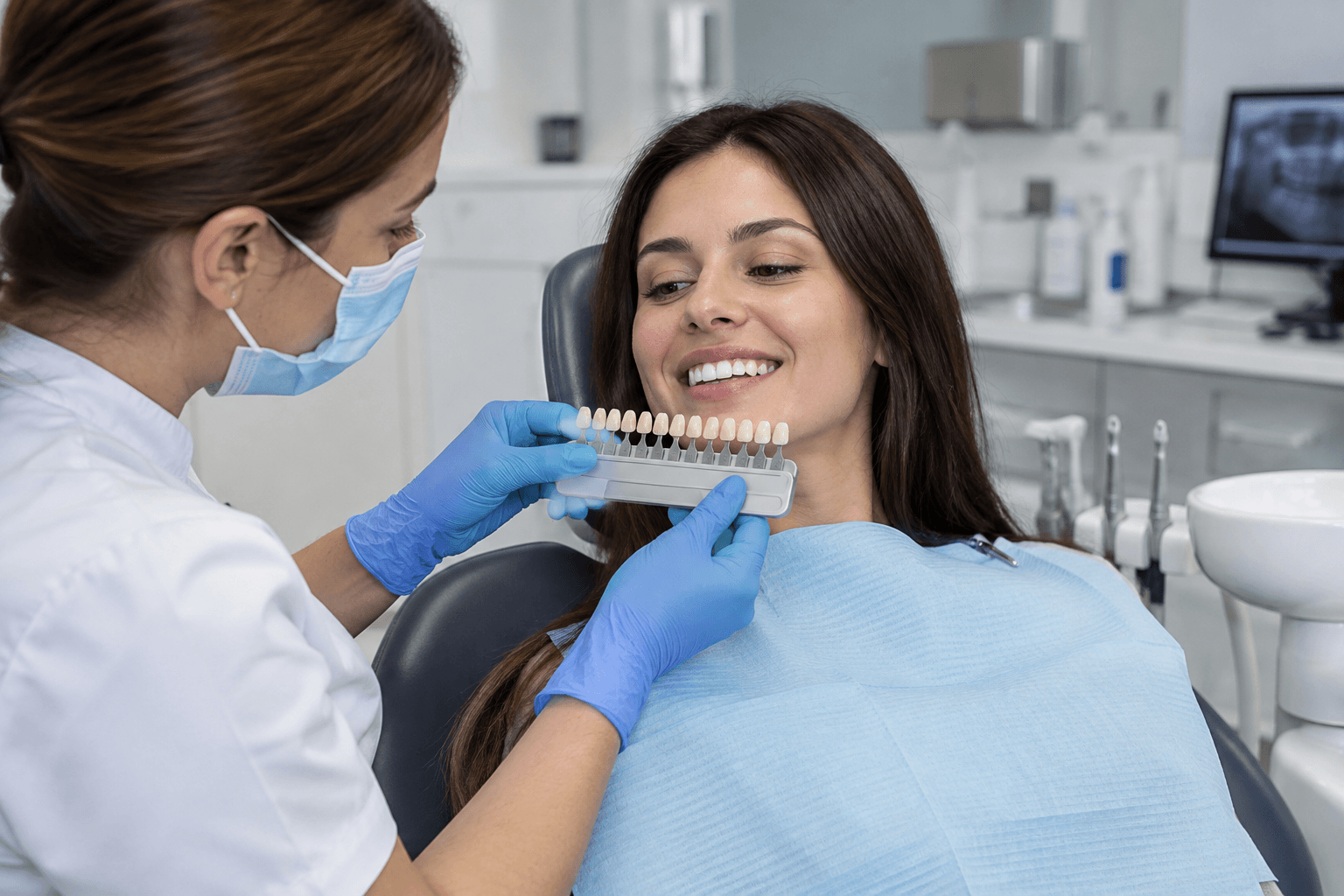 Professional shade guide and dental measurement during a whitening assessment